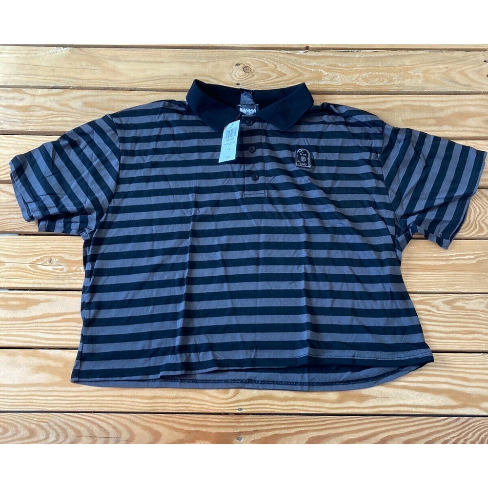 NWT Midnight Hour Tombstone Polo Shirt Large Women’s Black Stripe Short Sleeve